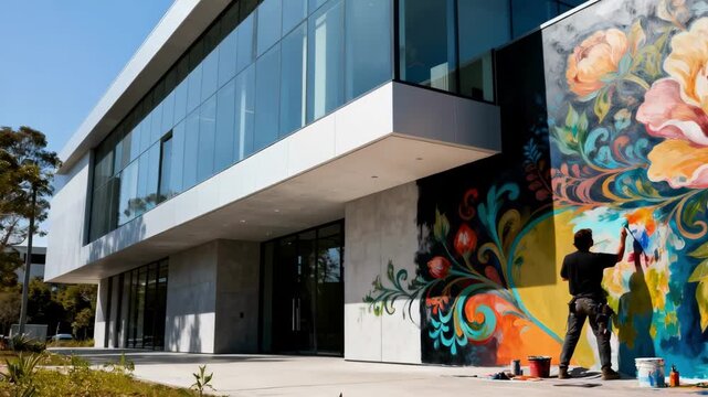 Creative muralist adding intricate floral motifs to the side of a sleek contemporary building showcasing modern art influences in an urban environment