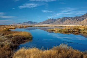 Fototapeta premium Serene Blue Waters of Duffurena Pond Number 20 in Washoe County, Nevada: A Natural Scenic Escape
