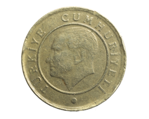 A turkey ten kurus coin on a white isolated background