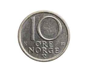 Norway ten ore coin on a white isolated background