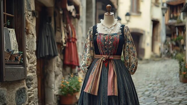 comtois embroidered dress on mannequin in old cobblestone street video