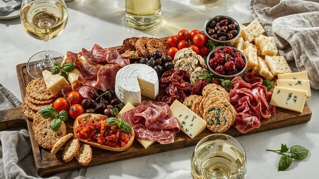 Assorted cheese platter with cured meats, fruits, bread, and wine. Food, snacks, and beverages. The concept of gourmet dining and indulgence.