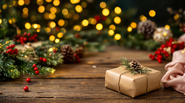 Weihnachtsgeschenk auf rustikalem Holztisch mit Tannenzweig, Zapfen und Lichter-Bokeh