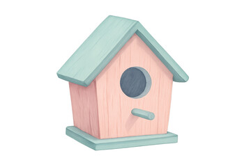 Wooden birdhouse with pastel colors and transparent background