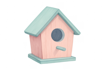 Wooden birdhouse with pastel colors and transparent background