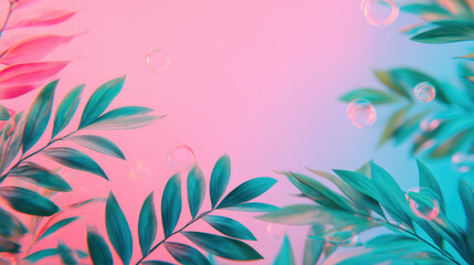 Dreamy tropical nature background with green leaves and floating bubbles on a pink and blue gradient.