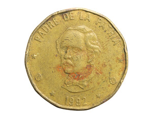 Dominican Republic one peso coin on white isolated background