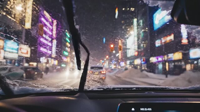 City street view from car windshield during snowy night  
