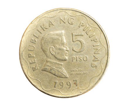 Philippines five piso coin on white isolated background