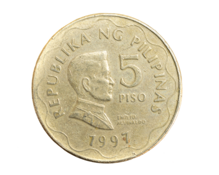 Philippines five piso coin on white isolated background