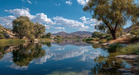 Fototapeta premium Tranquil Vista of Lake Perris: A Stunning Autumn Landscape with Blue Waters and Treetops Under a Vibrant Sky