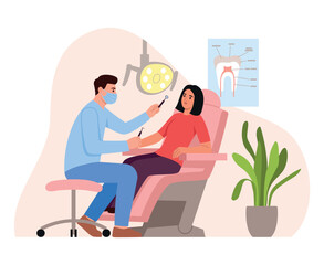 Vector illustration of a dental office. Cartoon scene of a patient sitting in a chair, a dentist holding tools, a dental probe, a mirror, a lamp, a tooth diagram, a flowerpot. Dental treatment.