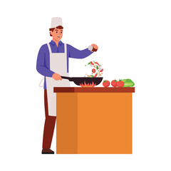 Vector illustration of a professional chef. Cartoon scene of a chef in a white coat frying various vegetables in a frying pan: tomatoes, peppers,onions,mushrooms,carrots, greens,sprinkles peppercorns.
