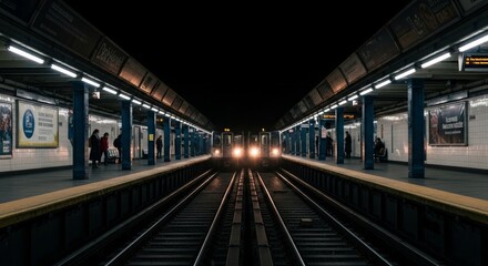 Symmetrical perspective view of a subway station platform with arriving train