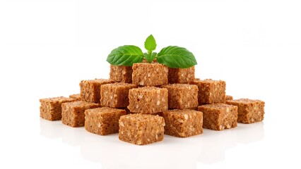 Stack of brown sugar cubes with green mint leaves on top, isolated on white background.