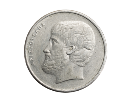 Greece five drachma coin on a white isolated background