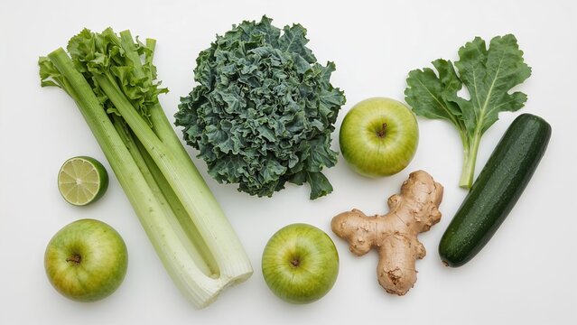 Fresh vegetables and fruits including celery, kale, an apple, ginger, cucumber, and lime.