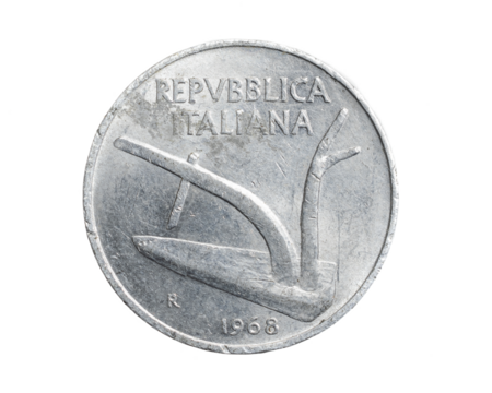 Italy ten lira coin on a white isolated background