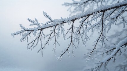 Snow-covered tree branch with frost, winter scene. Cold and icy atmosphere. Nature and winter landscape. The concept of cold weather and frost on branches.