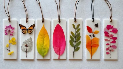 Creative process of decorating a handmade bookmark with vibrant pressed petals and leaves emphasizing personalized floral designs for stationery.