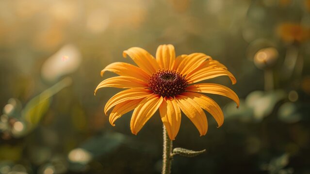 Single yellow flower with dark center in natural sunlight, blooming in a garden with blurred green background.