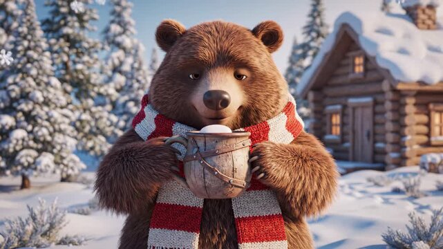 Bear with Cocoa in Winter Landscape - A cartoon bear wearing a striped scarf holds a wooden mug with a marshmallow on a snowy winter day.