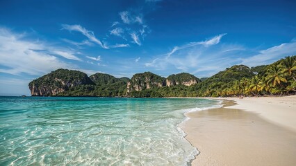 Obraz premium Tropical beach with white sand, turquoise water, lush green hills, and a bright blue sky with clouds.