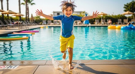 Naklejka premium Exuberant joy of a young boy dashing into the pool during summer
