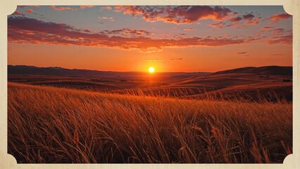 Sunset over a golden field in the countryside during evening. Rural landscape with warm colors and natural scenery.