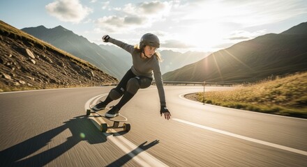 Adrenaline rush: Young woman enjoying longboarding adventure in the mountains