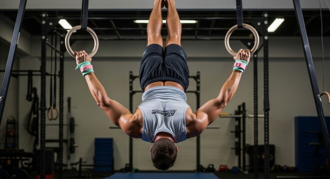 Determined athlete performing an inverted ring exercise at the gym