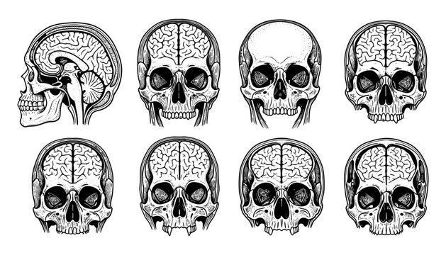 Anatomical skull and brain vintage engravings set