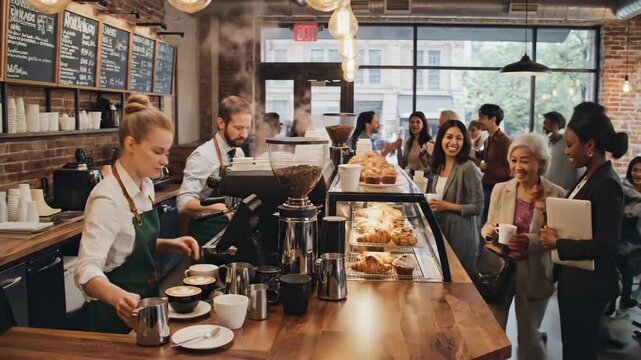 Busy Cafe Scene - Barista Serving Customers in a Modern Coffee Shop.