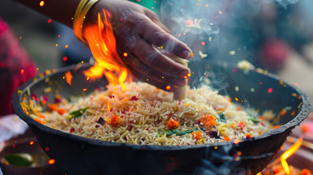 A woman in colorful traditional sari preparing rice in ceremonial bowl during Pongal festival, surrounded by vibrant flowers and fresh banana leaves decoration