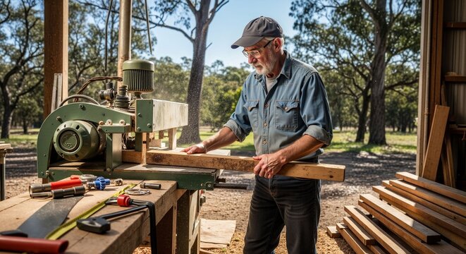 Experienced carpenter using a planer in his open workshop outdoors