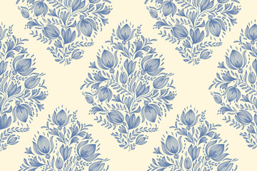 Vintage floral ethnic tapestry modern embroidery texture boho design vector illustration hand drawn silhouette indigo blue flower motif branches leaves wallpaper seamless background border.