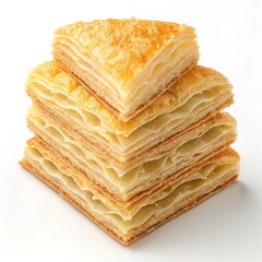 Golden puff pastry tower, a delicious treat perfect for breakfast, brunch, or dessert at your bakery, cafe, or restaurant, showcasing layers and flaky texture