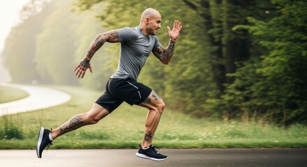 Determined tattooed runner sprints along lush pathway, outdoor fitness pursuit