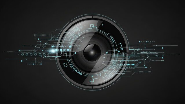 Digital Camera Lens with Futuristic Circuitry and Glowing Lights.