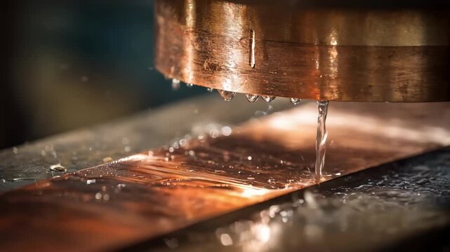 Medium shot capturing solvent application on rolled copper strip carefully dissolving mill scale impurities for an even clean finish