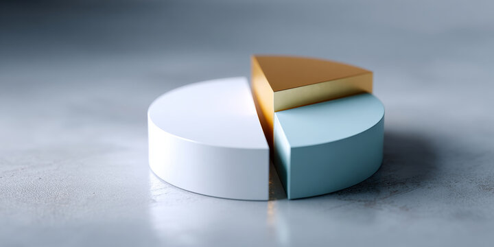 Three-dimensional pie chart with three colored segments on a smooth surface representing data distribution and analysis in a modern minimalistic style - Powered by Adobe