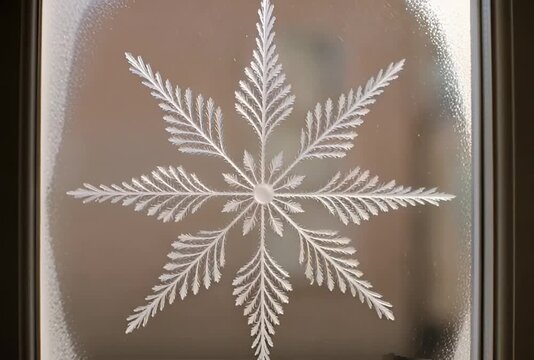 Closeup of a frosted snowflake design etched onto a window pane