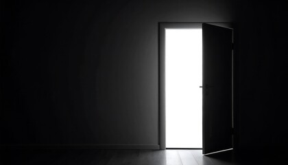 Minimal dark-scene illustration with a bright open doorway symbolizing access and new chances