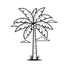 Simple black and white line drawing of a tropical palm tree with coconuts