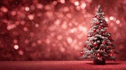Holiday background with decorated tree, sparkle bokeh lights on red canvas with space for text