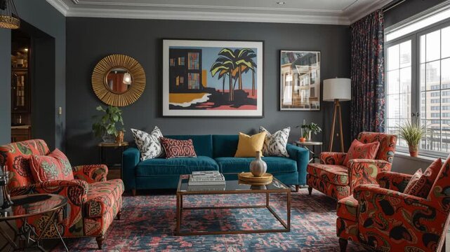 Vibrant lounge area with a deep teal sofa and patterned accent chairs creating cozy atmosphere.