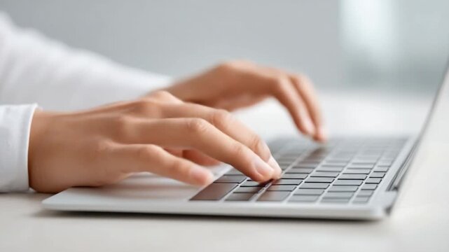 Close-up View of Human Hands Typing on Laptop Keyboard in a Bright Modern Workspace 4k video footage
