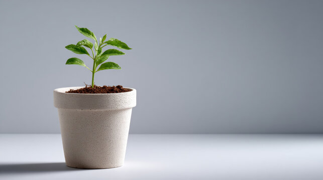 Young green plant growing in white textured pot with soil on neutral gray background symbolizing growth and nature
