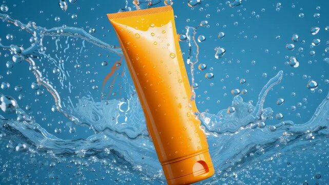 A tube of sunscreen is floating in the water. The tube is orange and the water is blue