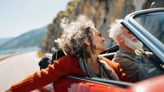A couple of older people are driving a red convertible car and waving. Scene is happy and carefree
